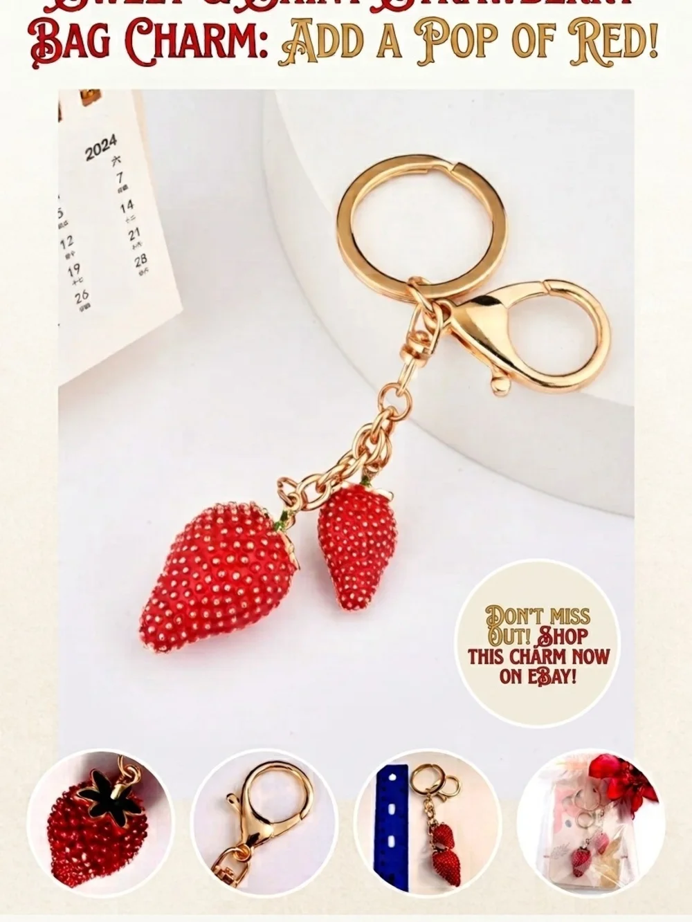 Gold Strawberry Keychain Bag Charm - Red Charm Accessory